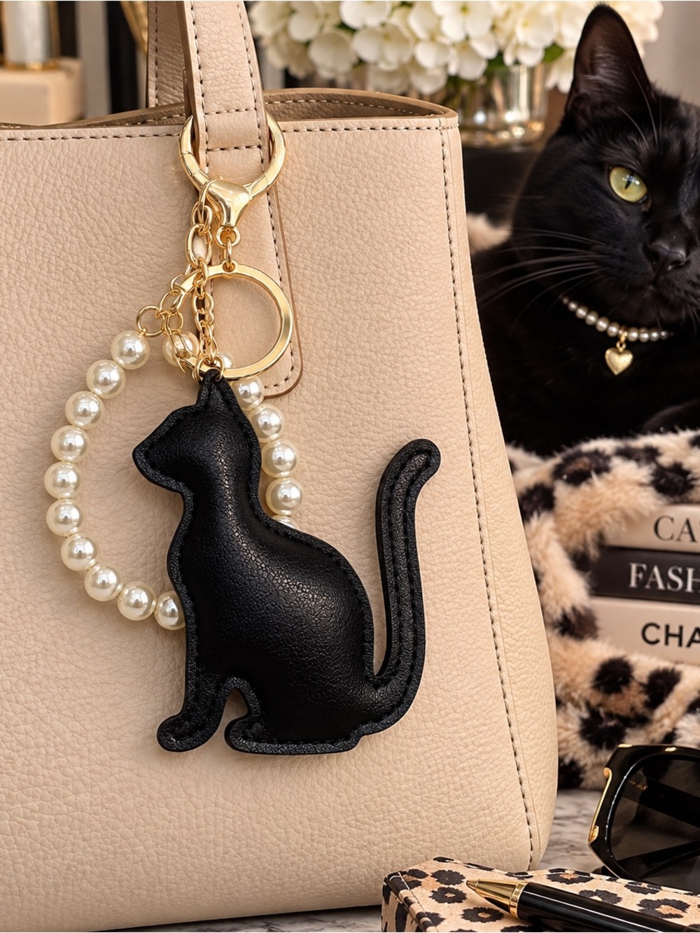 Black Cat Bag Charm Keychain with Pearl Wristlet – Gold Tone